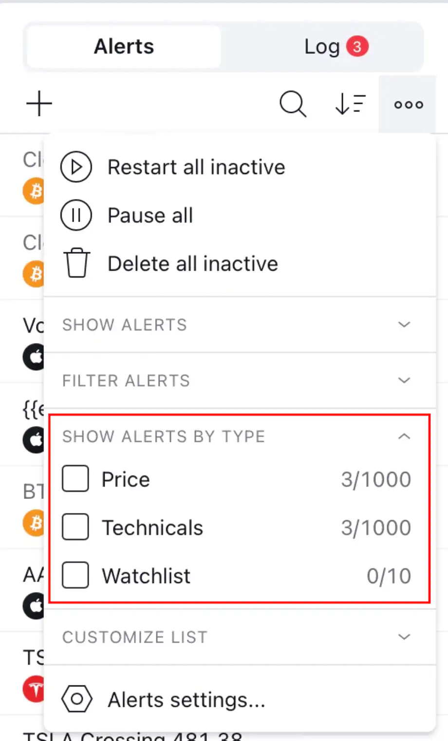 Screenshot of TradingView Alerts panel showing options to restart, pause, or delete inactive alerts, and filters for Price, Technicals, and Watchlist alerts.