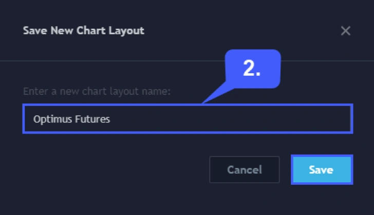 TradingView dialog box for saving a new chart layout named “Optimus Futures,” with Save and Cancel buttons.