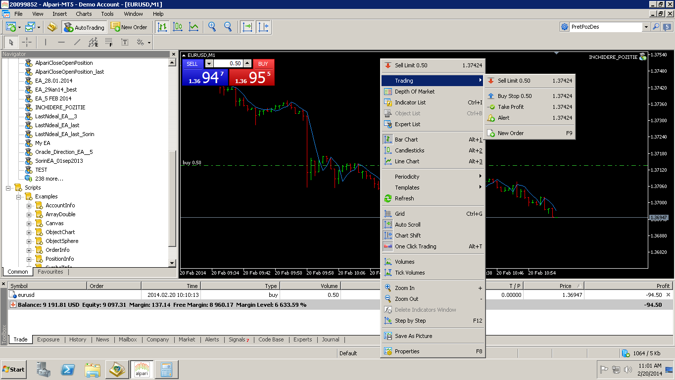MetaTrader 5 (MT5) trading platform using a demo account for EURUSD on the M1 (1-minute) chart