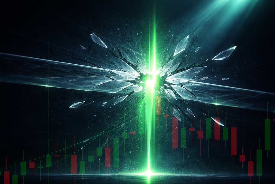 Abstract representation of a Break of Structure (BoS) in trading. A glowing green beam breaks through a shattered glass, symbolizing a sudden market trend change.