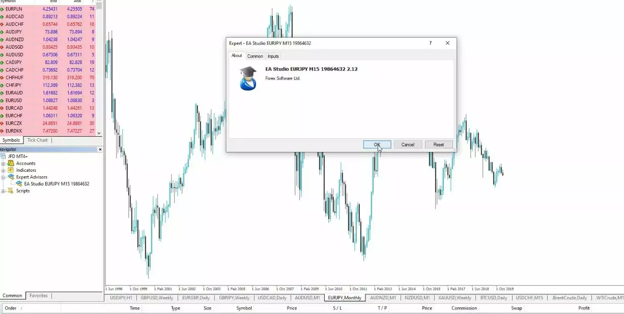 MetaTrader 4 (MT4) or MetaTrader 5 (MT5) with an Expert Advisor (EA) being attached to a chart.