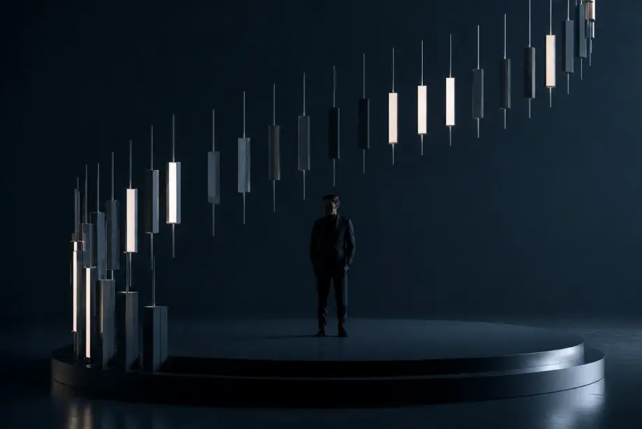 Silhouetted trader standing beneath a large upward-trending candlestick chart in a dark, minimalist setting.