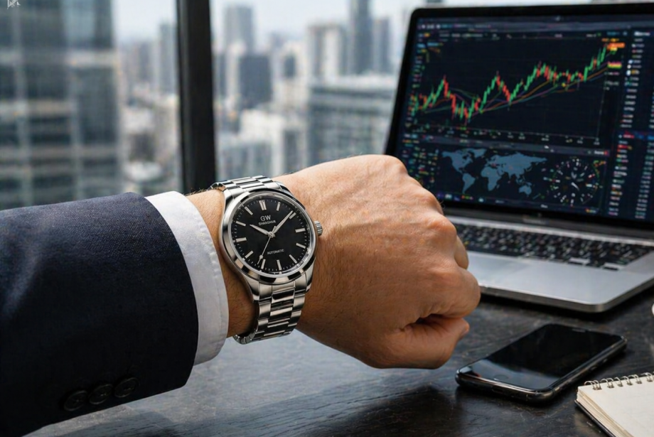close-up of a trader's wristwatch with a financial chart displayed on a laptop screen