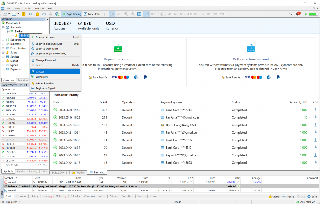 the Payments section of MetaTrader 5 (MT5), where users can deposit and withdraw funds.