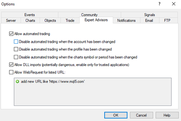 the Expert Advisors (EA) settings in MetaTrader, specifically under the Options window.