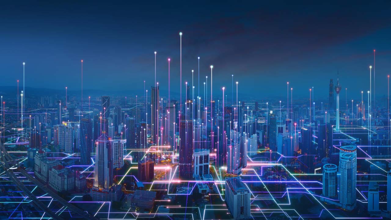 What is the best setup for trading? A futuristic cityscape with glowing digital grid lines and data streams, symbolising advanced trading infrastructure and market connectivity.