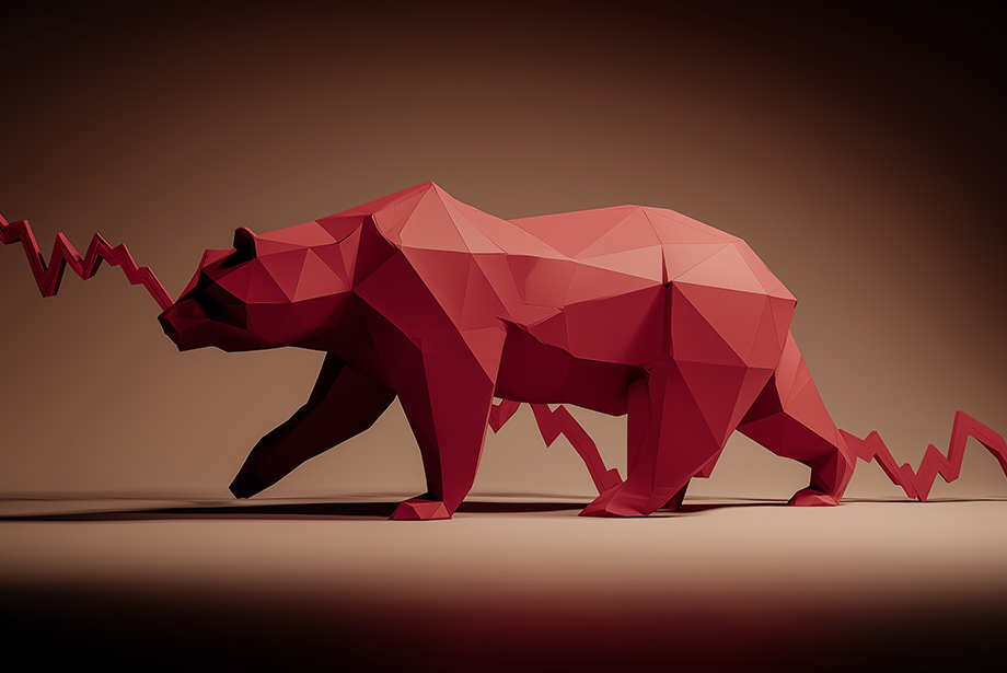 Low-poly red bear sculpture walking forward with a jagged downward line running through it, symbolising a bearish market trend, set against a warm gradient background.