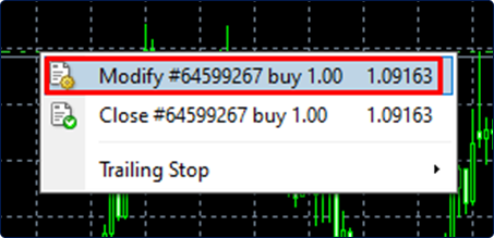 A screenshot of the MetaTrader platform showing a context menu for an open trade.