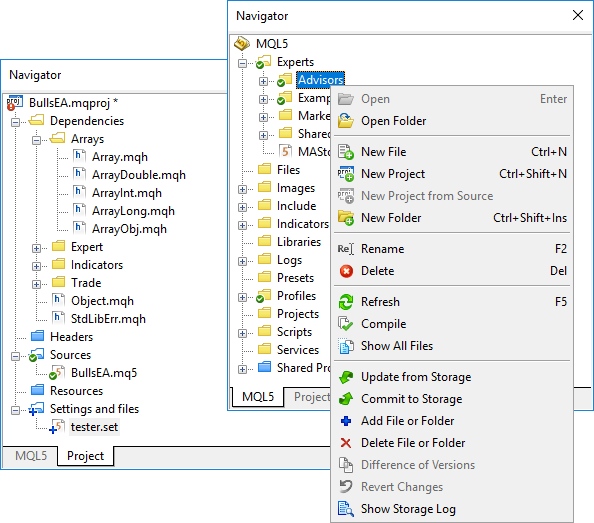 the Navigator Window in MetaEditor, the programming environment for MetaTrader 5 (MT5).
