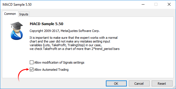 the MACD Sample 5.50 Expert Advisor (EA) settings window in MetaTrader 4 or 5.