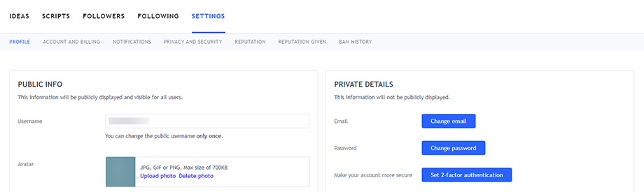 TradingView account settings page showing profile information, email, password, and two-factor authentication options