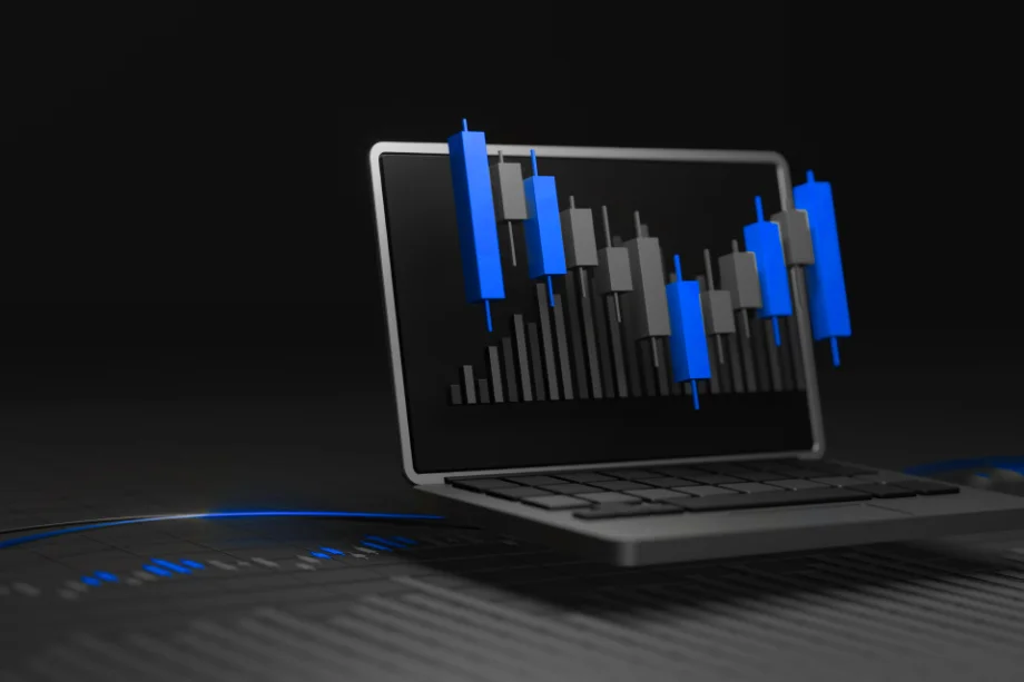 3D illustration of candlestick chart patterns displayed on a laptop screen, representing forex and stock trading analysis.