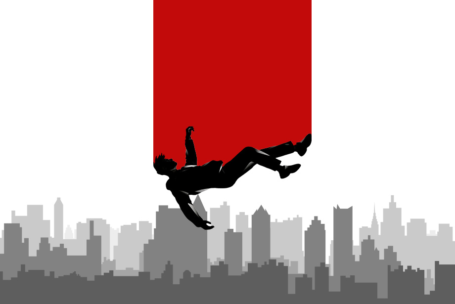 Silhouette of a person falling above a city skyline.