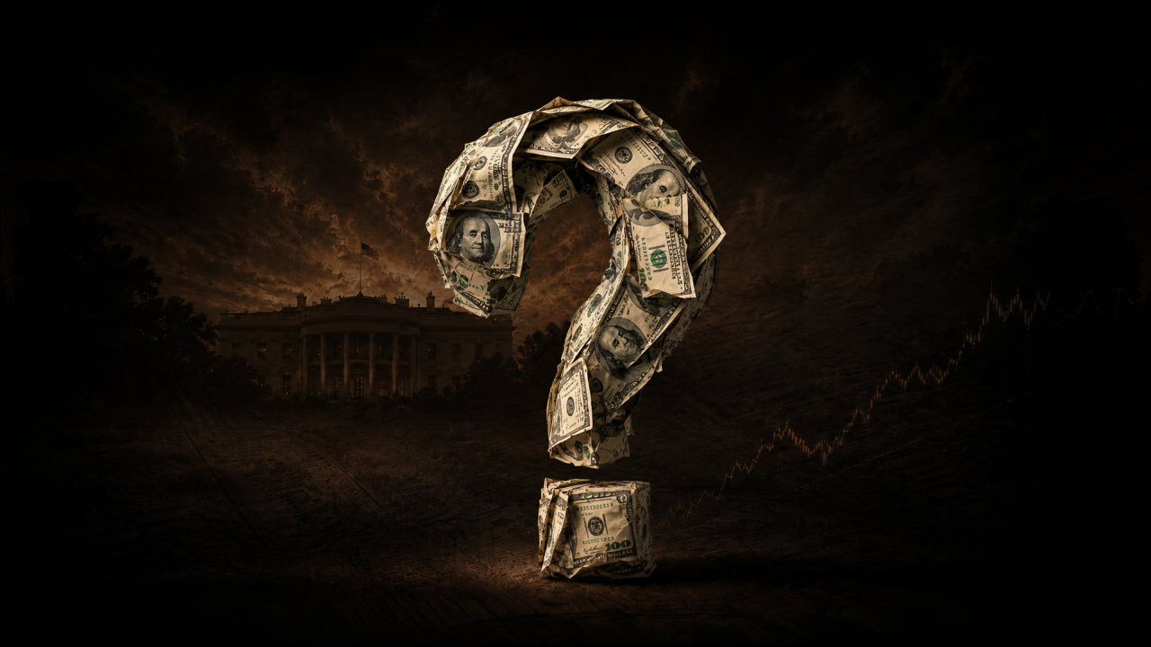 A question mark featuring treasury bills stacked with dollars