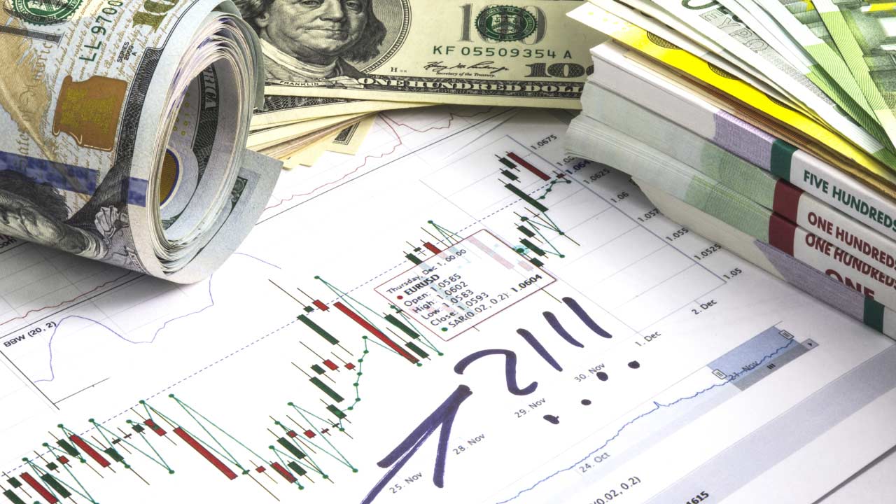 A financial trading chart with candlestick patterns, a handwritten upward arrow, and exclamation marks, illustrating the concept of How to Calculate Lot Size in Forex.