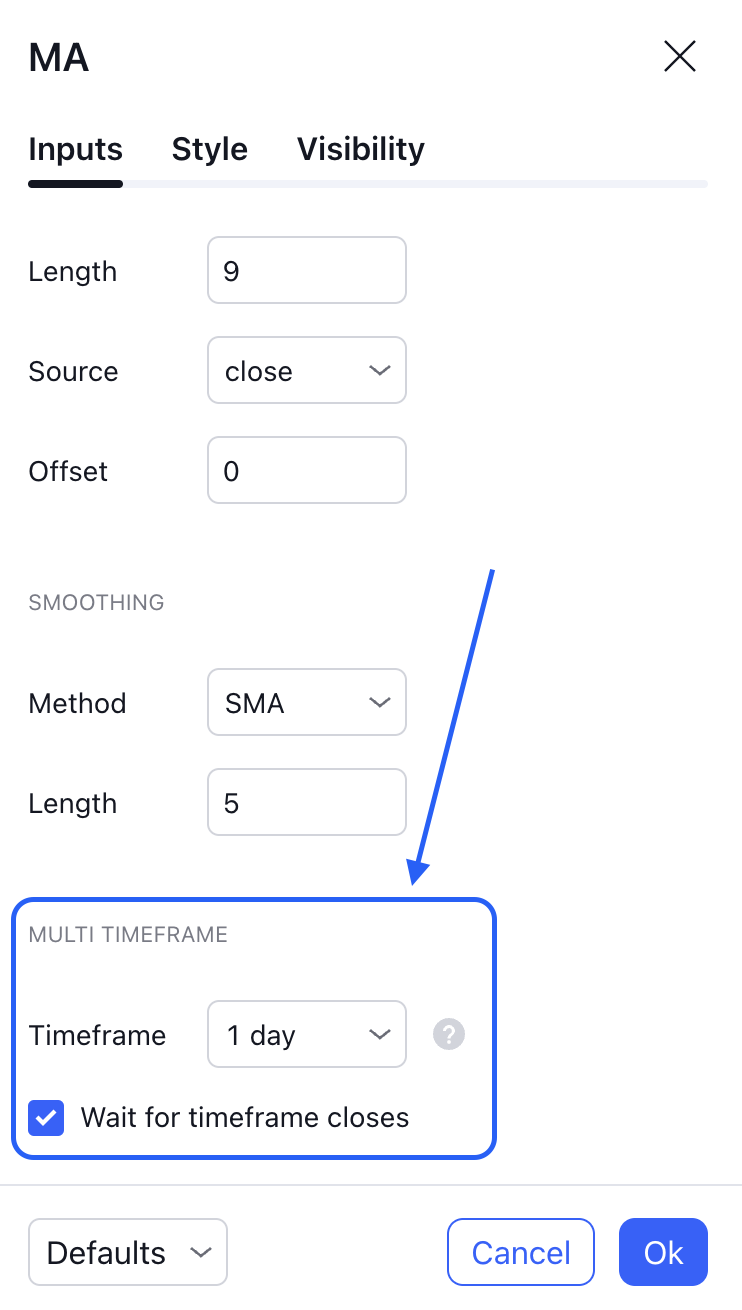 TradingView moving average (MA) settings panel showing inputs for length, source, offset, smoothing method, and multi-timeframe options.