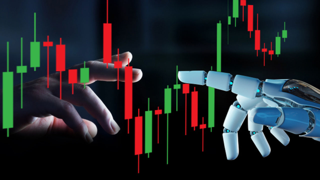 A human hand and a robotic hand reaching toward each other with a financial candlestick chart overlay. Top AI Tools for Trading.