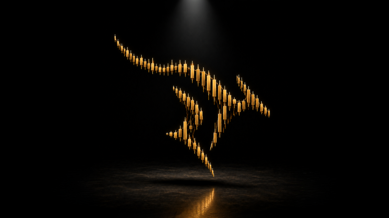 Gold candlestick chart formation shaped like a bull under a spotlight on a dark background.