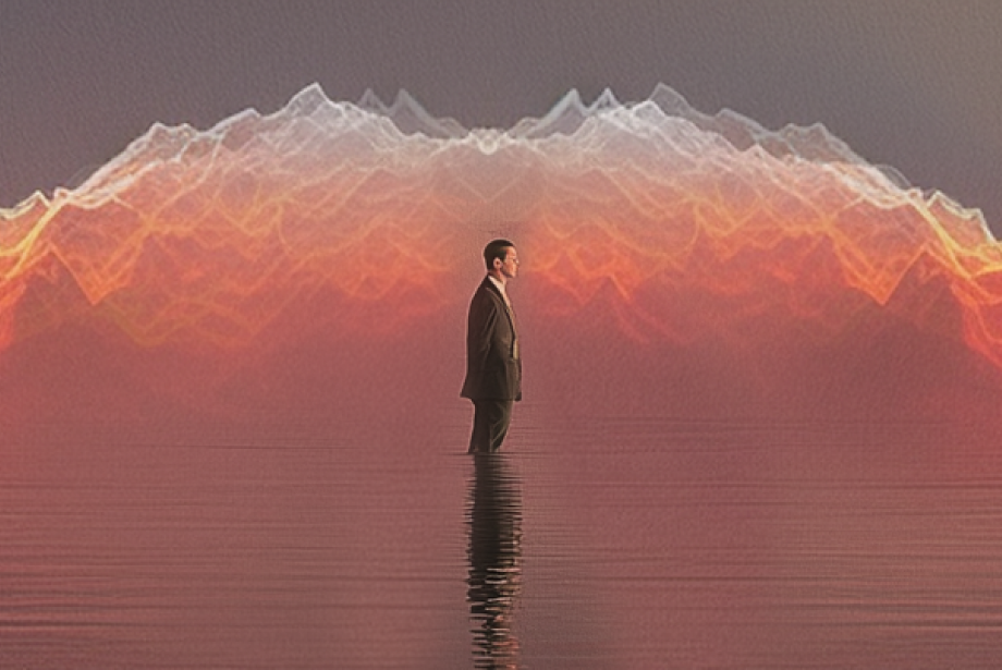A person in a suit standing in water, with a surreal background featuring a wave of colourful, abstract patterns symbolising economic uncertainty and stagnation.