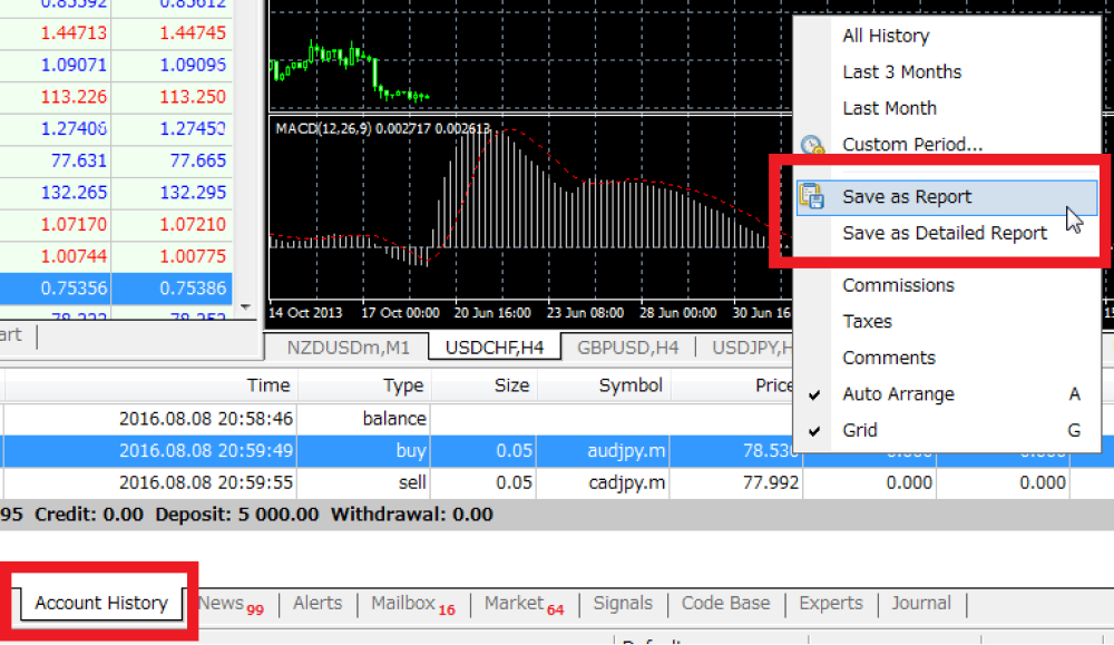 MetaTrader platform showing the Account History tab selected