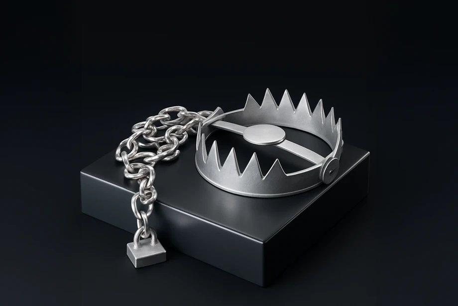 A metallic bear trap with sharp teeth and a heavy chain attached, displayed on a black platform against a dark background.