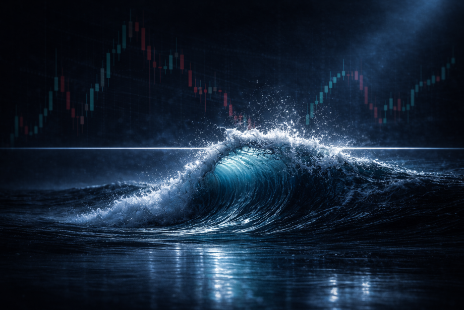 Dark ocean wave crashing with a faint candlestick chart and glowing price line, symbolizing market volatility.