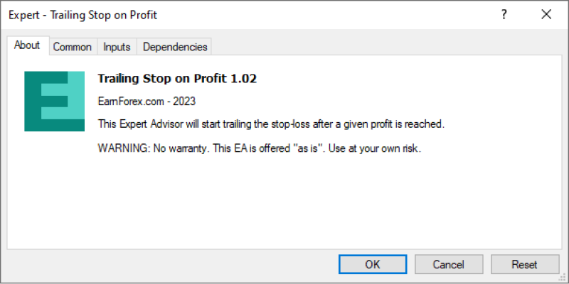 A window titled 'Expert - Trailing Stop on Profit' showing the details of an Expert Advisor (EA) named 'Trailing Stop on Profit 1.02' from EarnForex.com (2023).