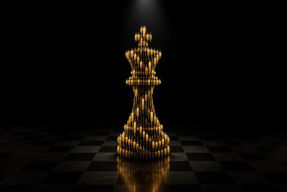 Golden candlestick chart bars forming a chess queen on a dark chessboard.