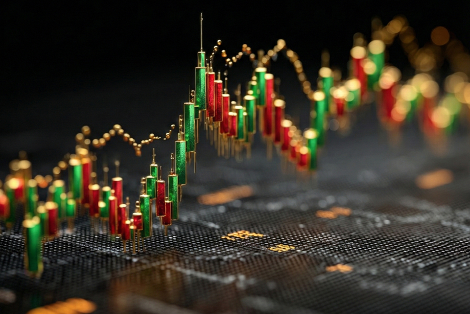 a close-up of a 3D candlestick chart with a dynamic, gold-highlighted design, showcasing a trend in the forex or stock market.