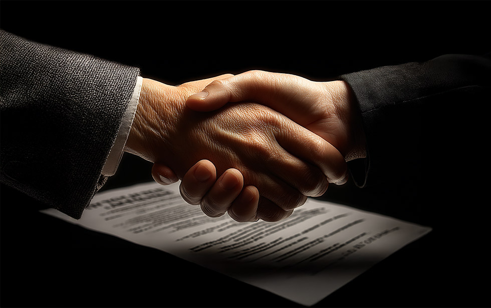 two people in business attire shaking hands over a document, symbolising agreement or partnership.