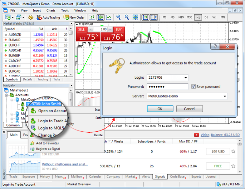 A screenshot of the MetaTrader 5 (MT5) trading platform showing the login process.