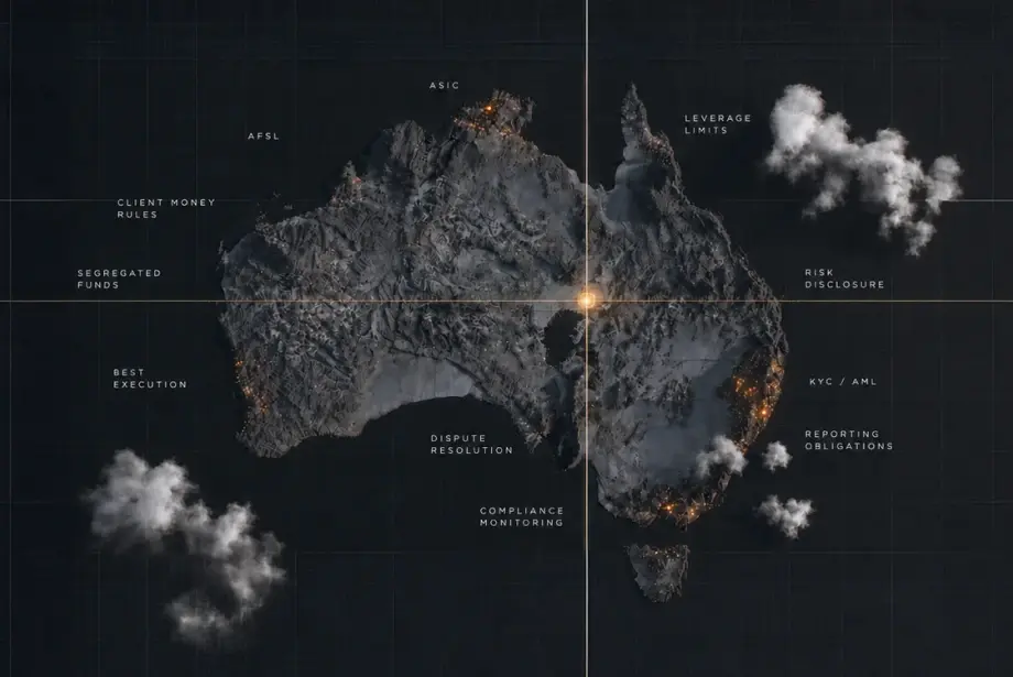 Dark 3D map of Australia with scattered labels highlighting forex trading regulations, including AFSL, ASIC, client money rules, risk disclosure, leverage limits, and KYC/AML.