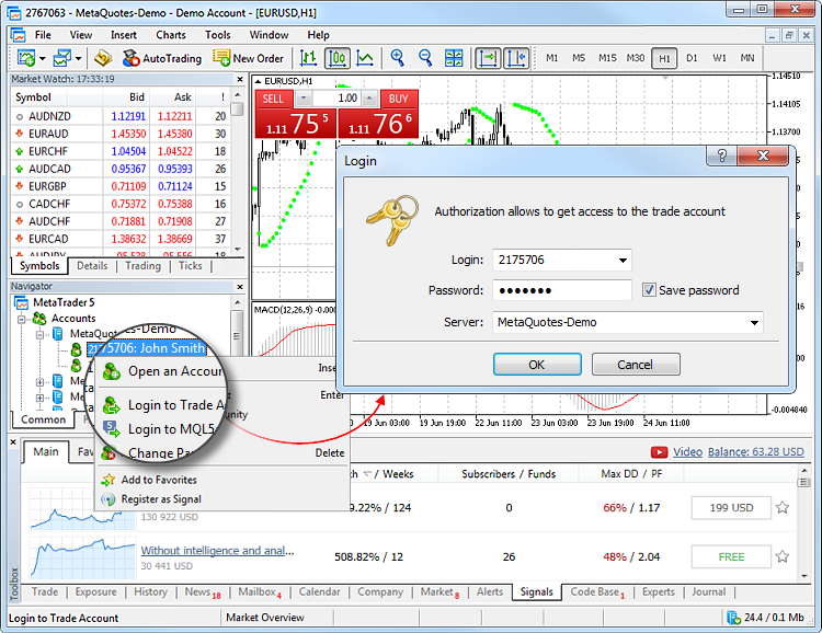 the login process for a trading account in MetaTrader 5 (MT5).