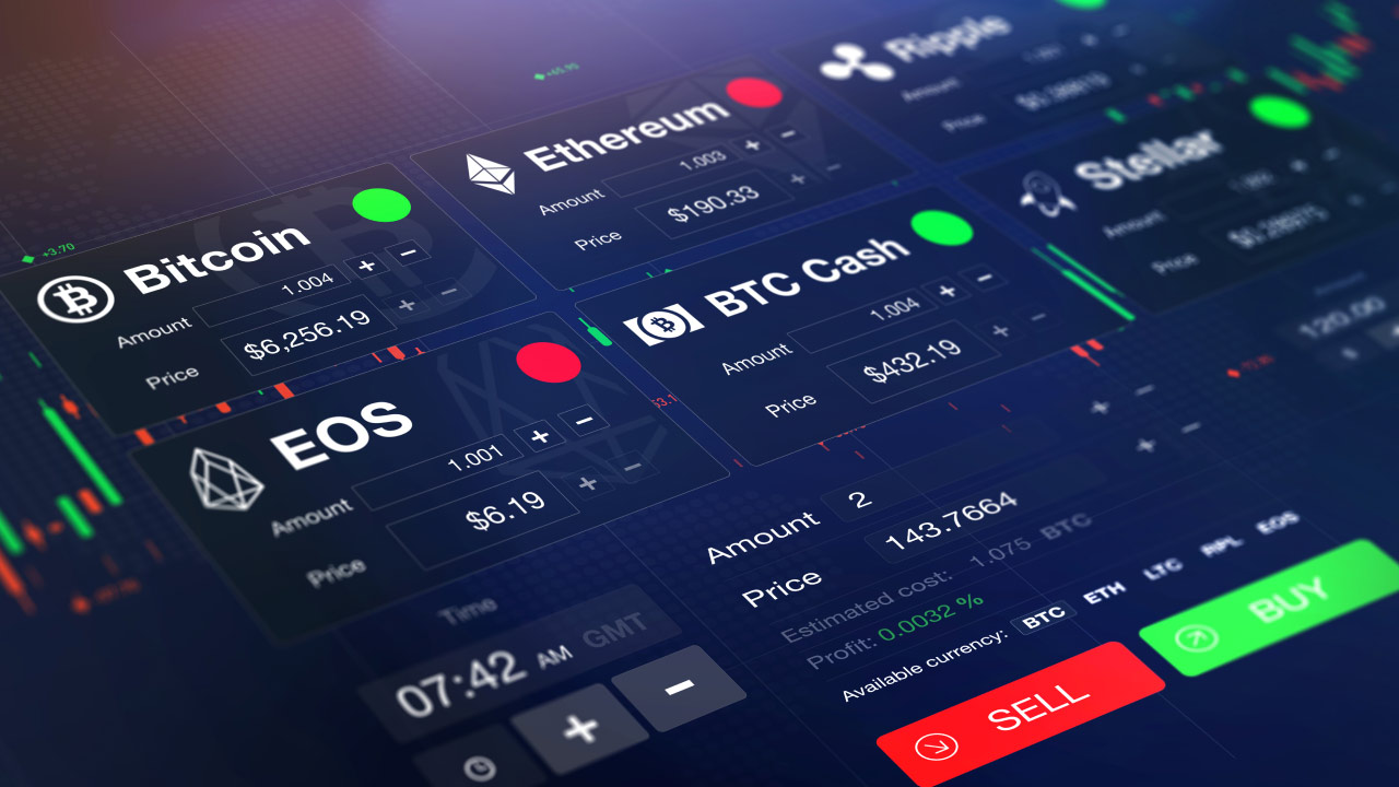 A digital cryptocurrency trading interface displaying price charts, buy and sell options, and various crypto assets like Bitcoin, Ethereum, and EOS, helping traders analyze crypto charts.