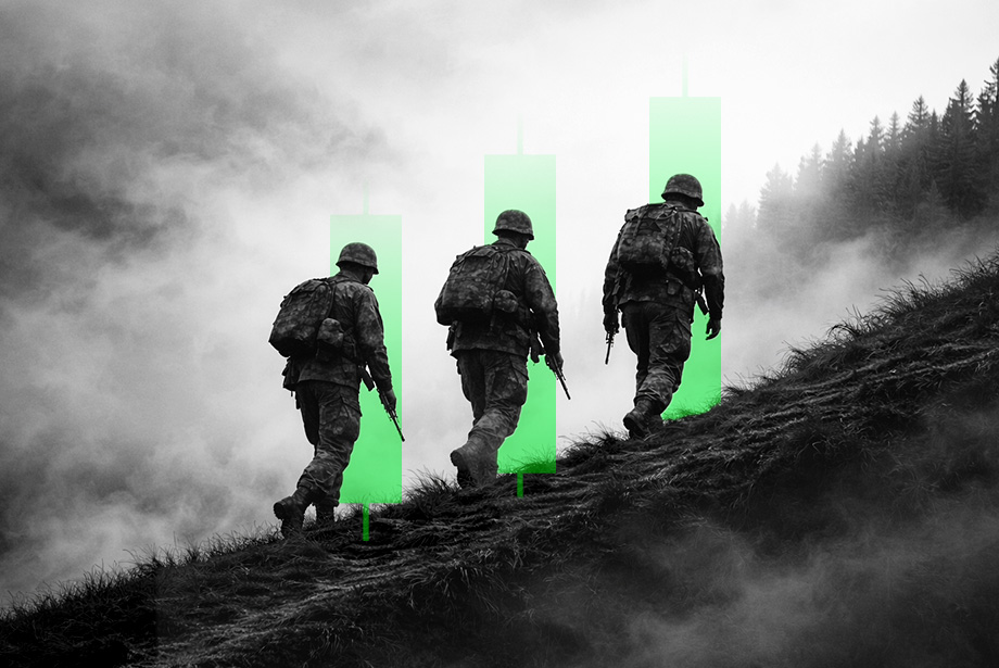 A black-and-white image of three soldiers walking up a misty hillside, with three green candlestick bars subtly overlaid in the background
