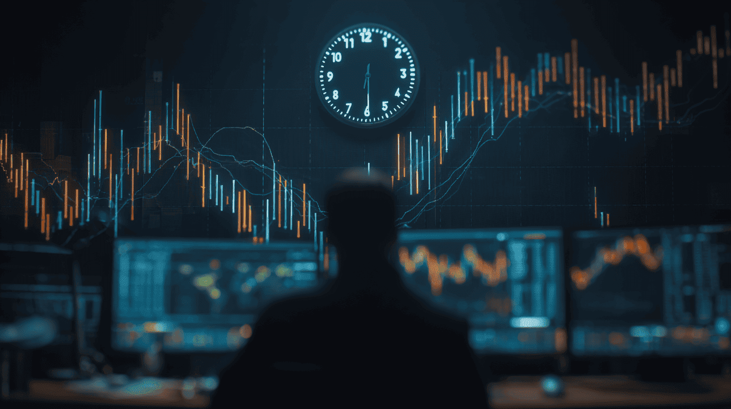 a dark, cinematic trading desk with multiple glowing market charts and candlestick graphs, overlaid with a subtle 24-hour clock face and four highlighted time-session windows 
