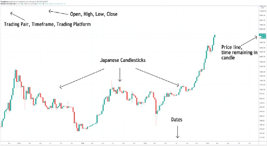 A candlestick chart showing trading data with labelled components.