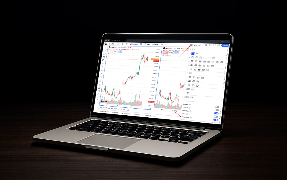 Laptop displaying TradingView multi-timeframe stock chart analysis with candlestick patterns and technical indicators.