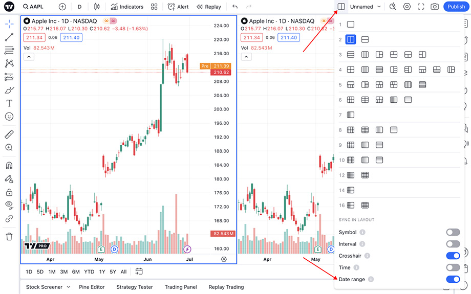 TradingView chart of Apple stock (AAPL) on NASDAQ showing candlestick patterns with split-screen layout and chart settings panel.