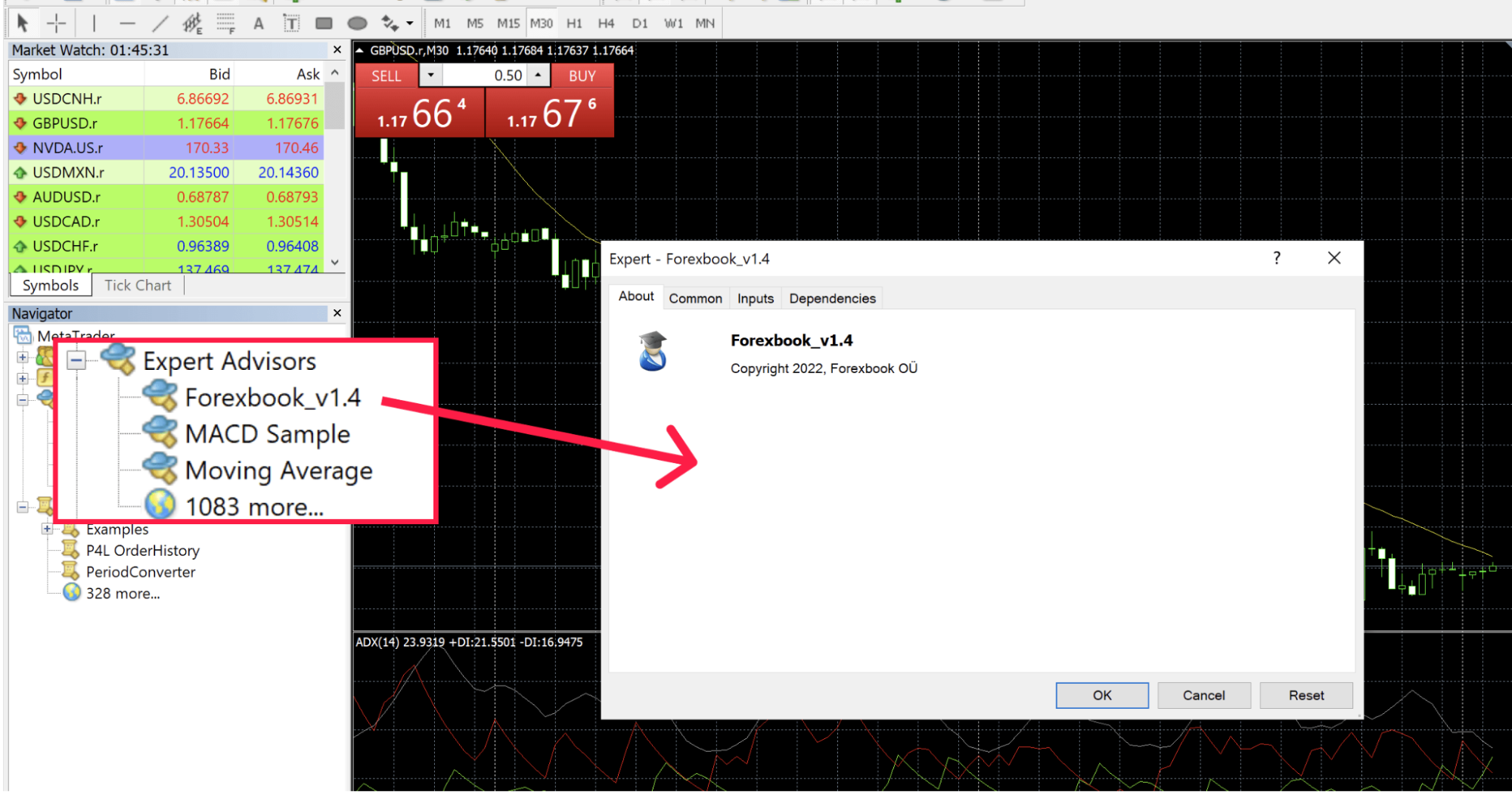 the MetaTrader 4 (MT4) or MetaTrader 5 (MT5) platform with an Expert Advisor (EA) named 'Forexbook_v1.4'
