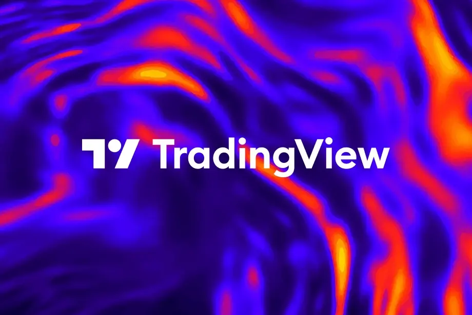 TradingView logo on a vibrant abstract heatmap-style background in blue, purple, and orange.