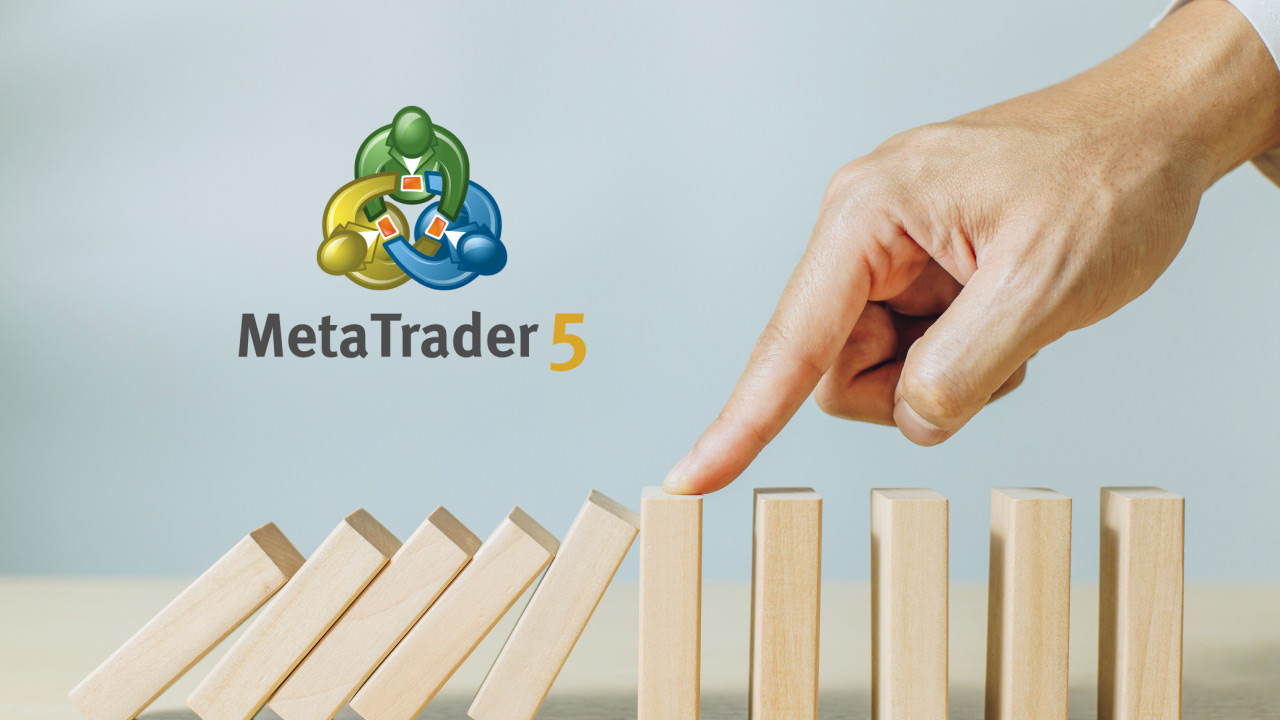MetaTrader 5 logo with a hand stopping a row of falling wooden blocks, symbolising risk management and trailing stop-loss in trading.