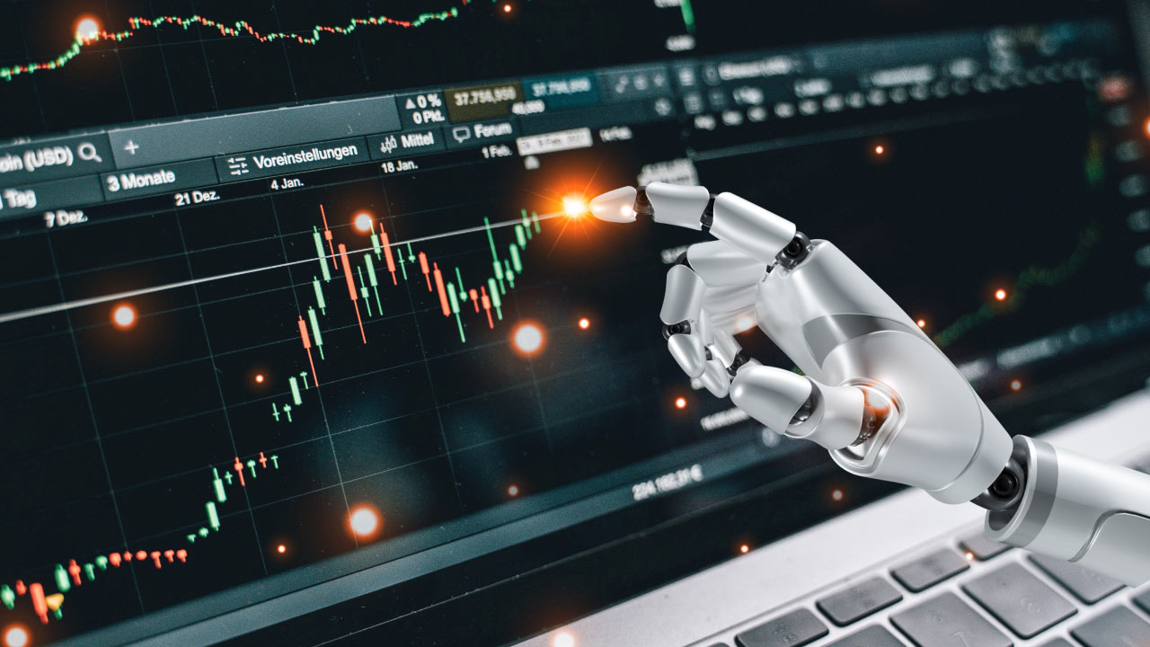 Benefits and Risks of Using AI in Trading: A robotic hand interacting with a forex trading chart on a computer screen, symbolising AI-driven trading strategies.