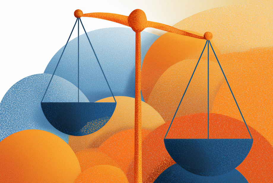 Illustration of a balanced scale with two blue bowls, suspended in mid-air.