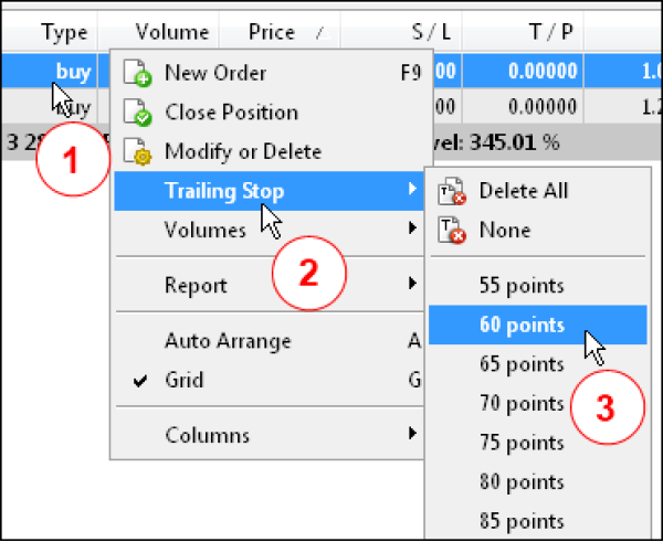 A screenshot of a trading platform showing how to set a trailing stop.